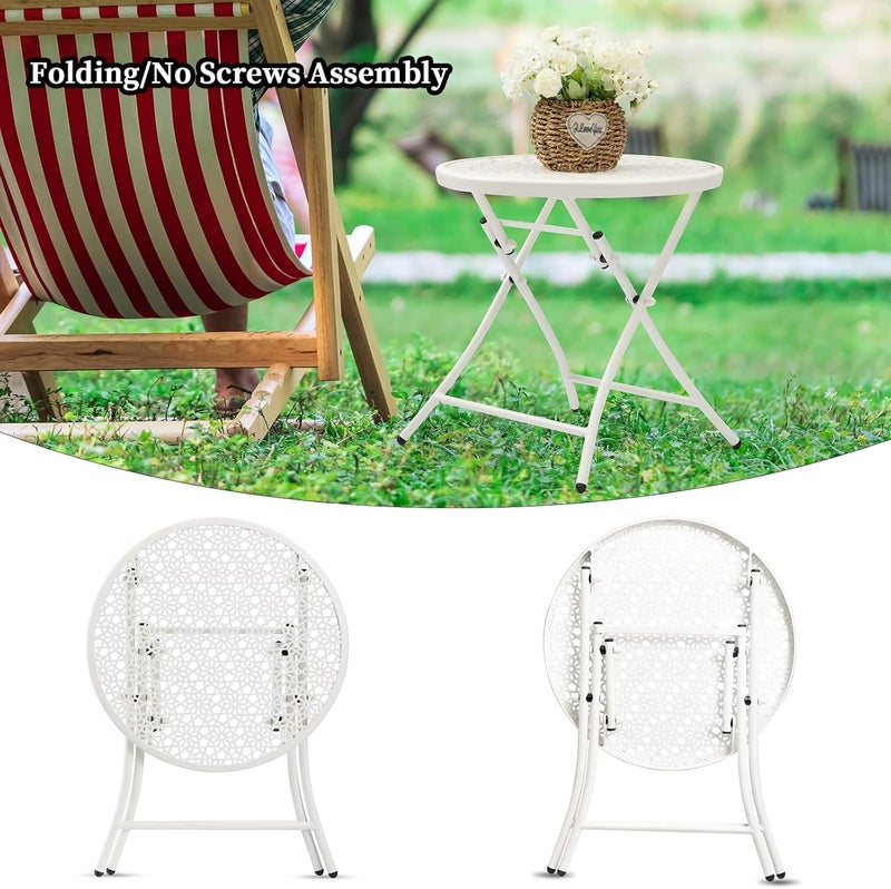 TeoKJ Folding Outdoor Side Tables, Anti Rust Small Patio Table Round Metal Nightstand with Flower Cutouts for Porch Yard Balcony Deck Lawn, White - Image 4